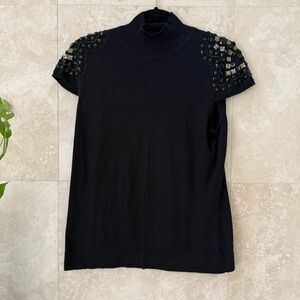Worthington Petite Black Embellished Shoulder Sweater Top NWT PL
